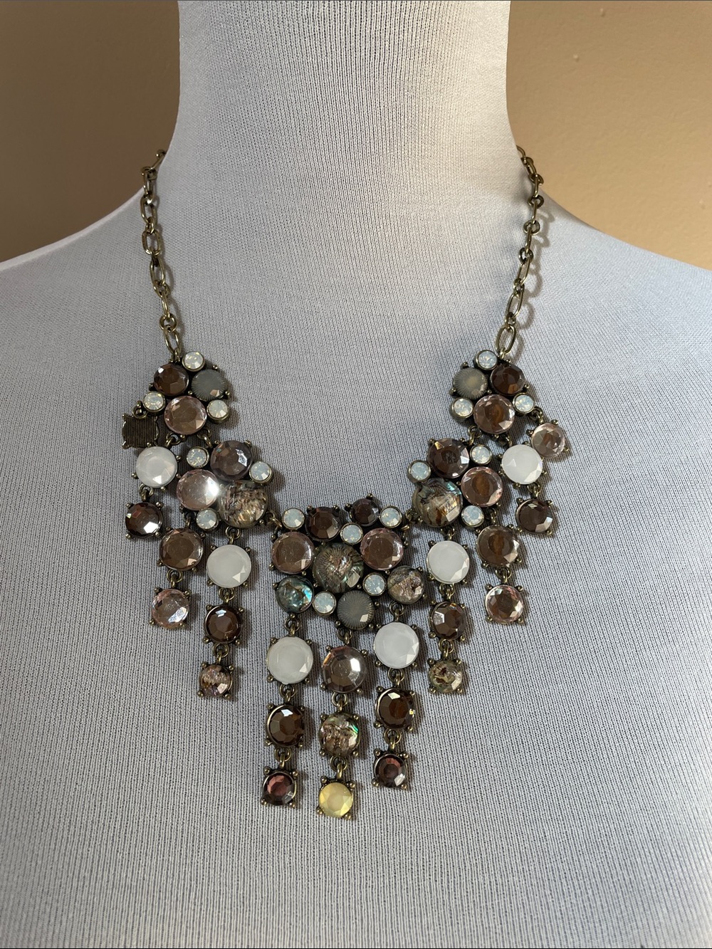 J Crew Statement Bib Necklace in Grey and White, Gold tone